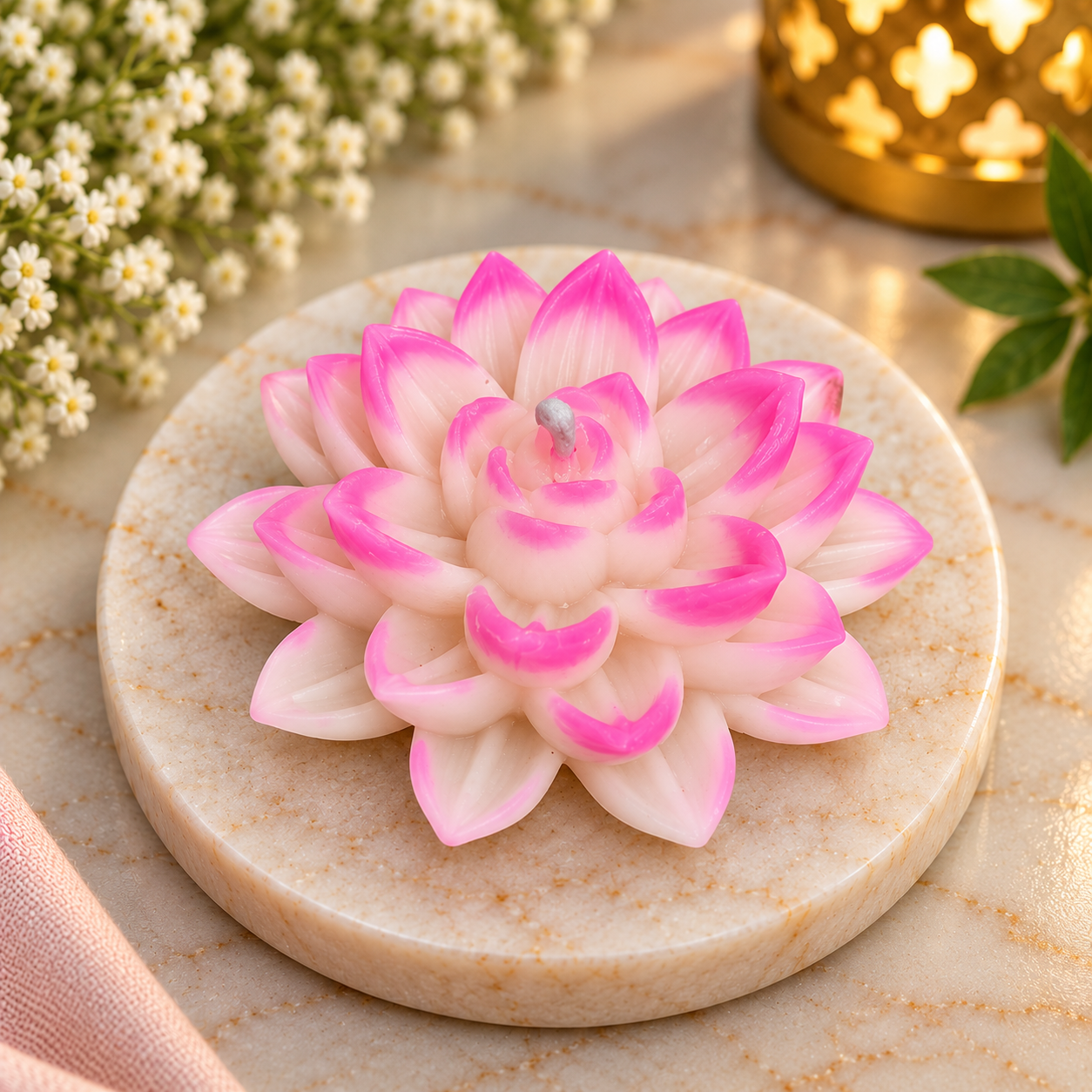 Pink & White Lotus Flower Candle