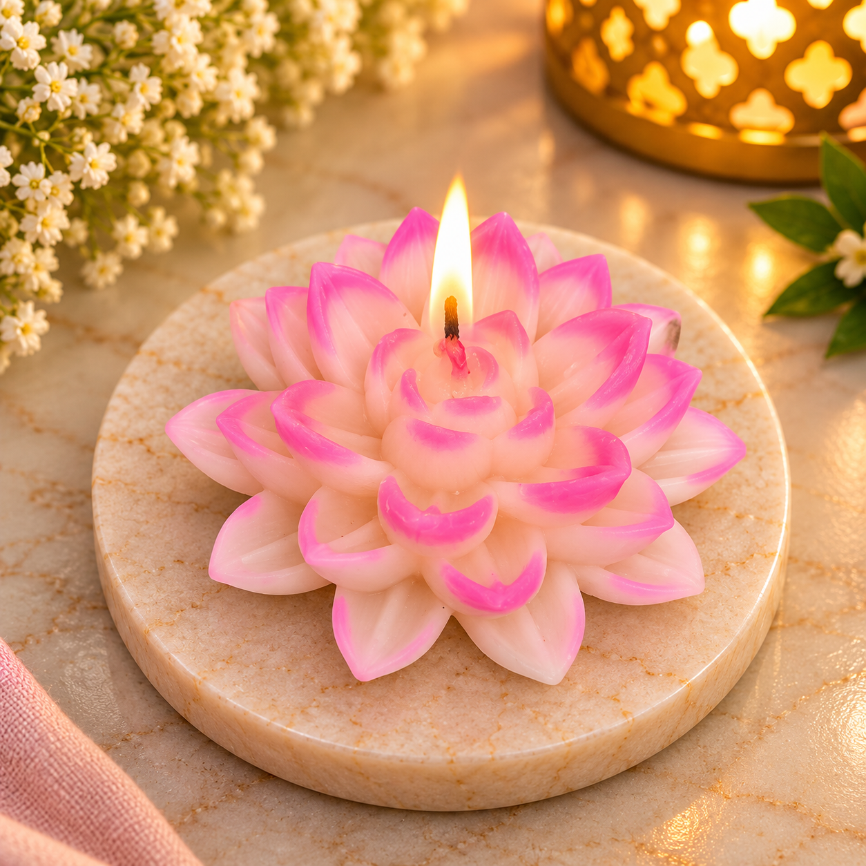 Pink & White Lotus Flower Candle