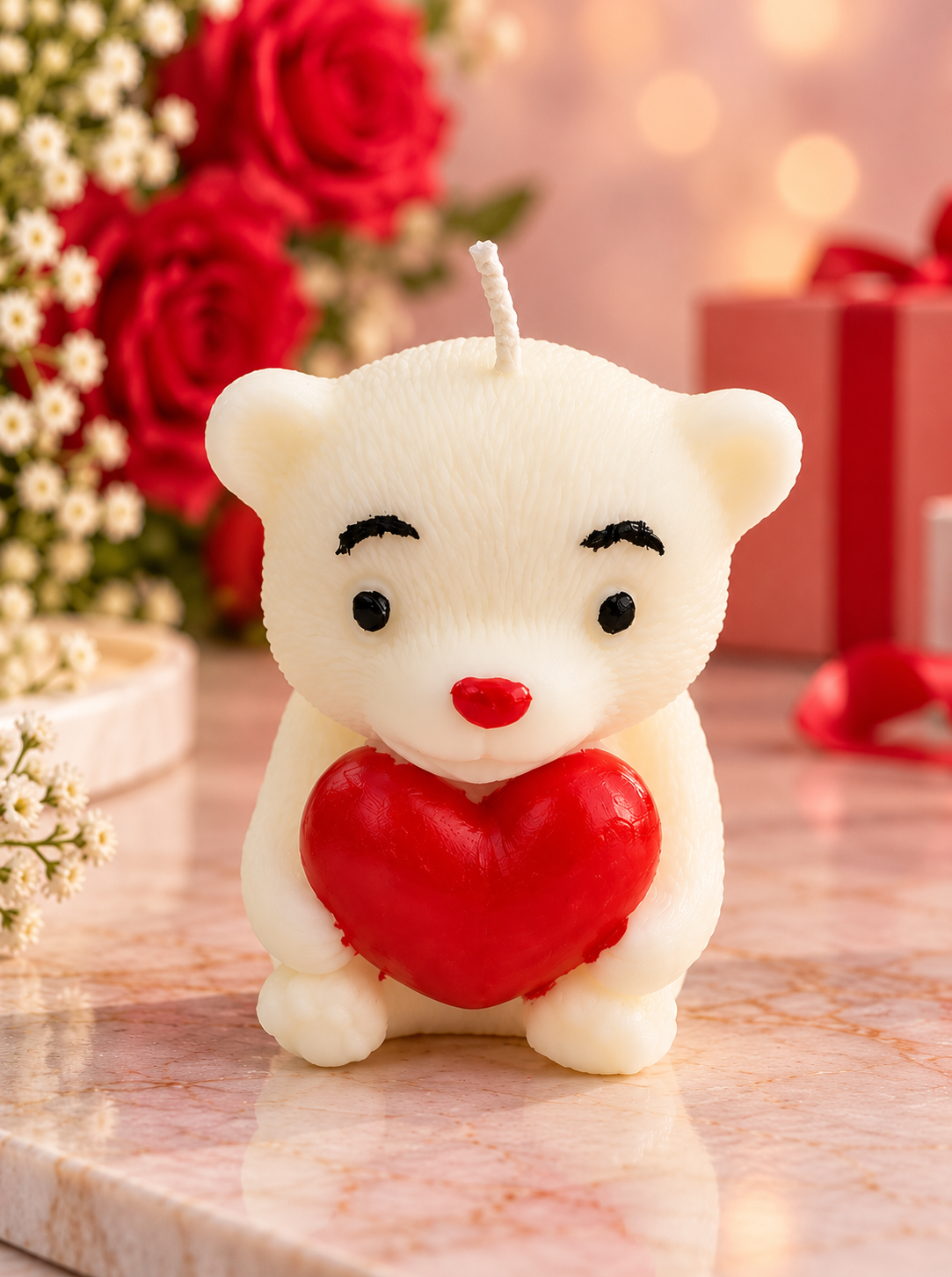 Teddy Bear Holding Red Heart Candle